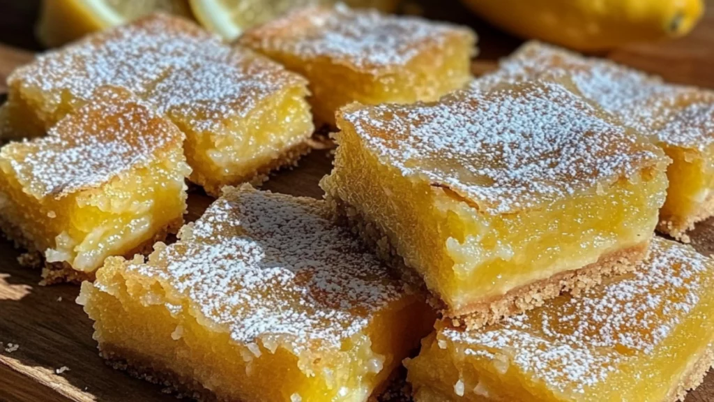 lemon bars are stacked on top of each other with powdered sugar in the middle