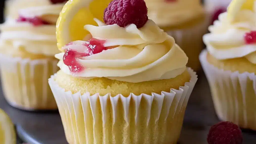 raspberry lemon heaven cupcakes with white frosting and fresh raspberries on top