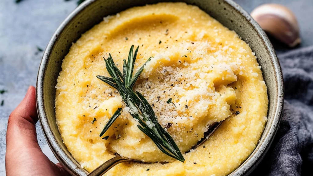 the best creamy italian polenta with garlic and parmesan is served in two bowls