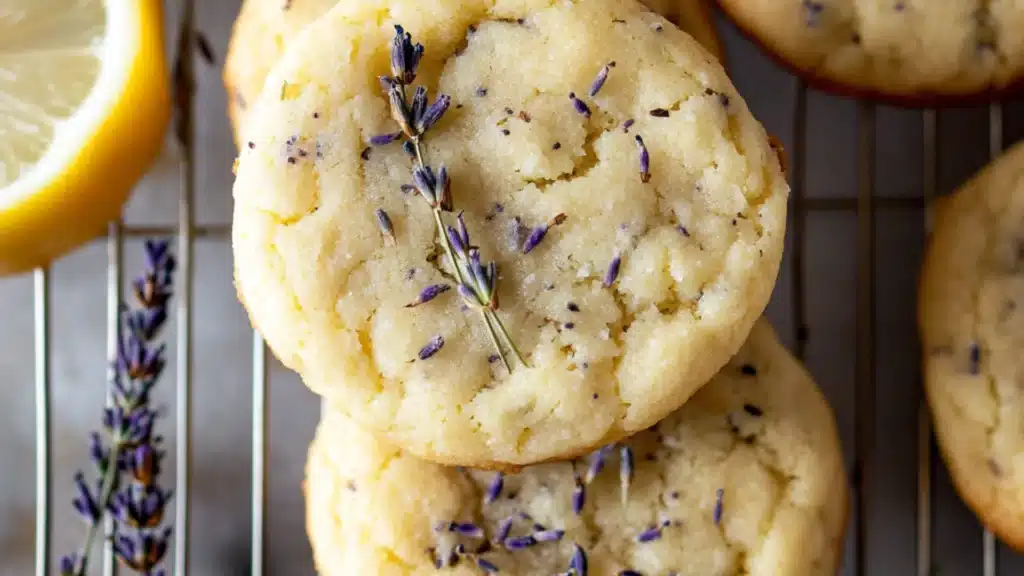 lemon lavender cookies on a cutting board with the title text overlay reads, lemon lavender cookies