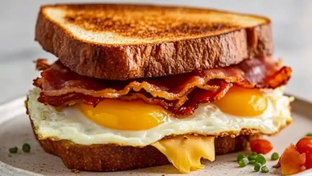 the grilled cheese sandwich is stacked on top of each other with bacon and melted cheese