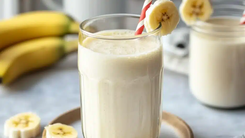two glasses of milk and bananas on a cutting board with the words korean banana milk