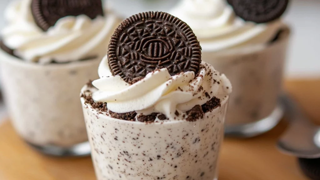 oreo cheesecake cups with cookies in the background and text overlay that reads easy no - bake oreo cheesecake cups