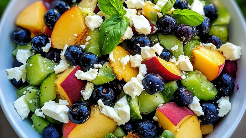 blueberry peach and feta salad with cucumbers in a bowl on the side