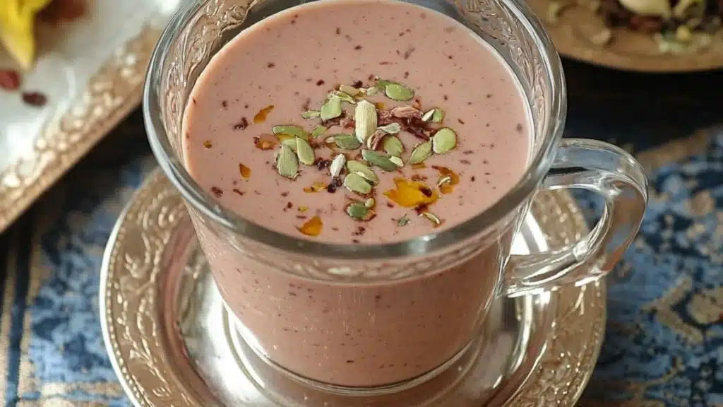 pink chai is served in a cup with cinnamons on top and the words authentic kashmiki pink chai above it