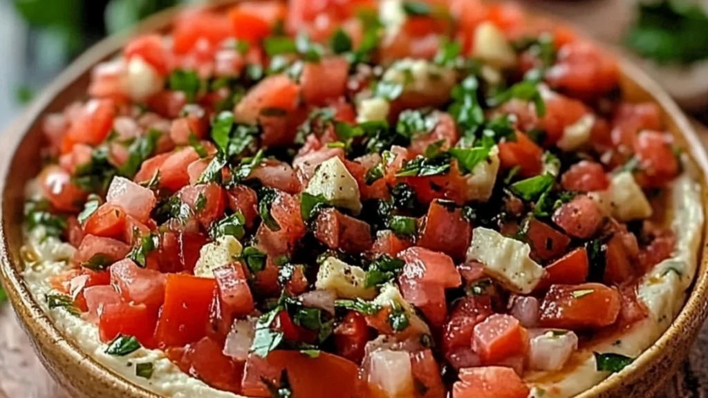 two pictures with the words bruschetta dip on them and an image of tortilla chips