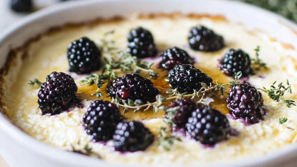 baked lemon ricotta dip with blackberrys and honey
