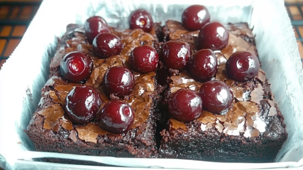 chocolate cherry brownies on parchment paper with cherries in the background and text overlay