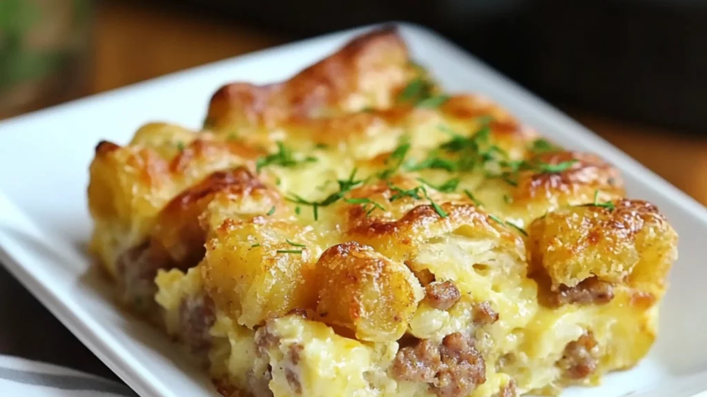 tater tot sausage breakfast casserole in a white dish on a wooden table