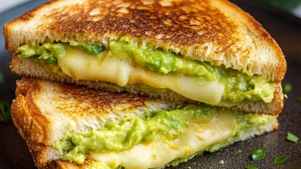 the grilled cheese sandwich is loaded with creamy avocado and cheesy