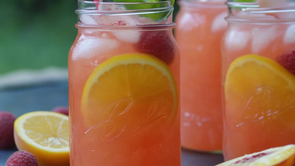 the raspberry peach lemonade cocktail is served in glasses with mint garnish