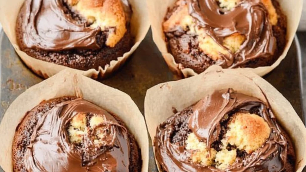 nutella banana muffins with chocolate frosting in the middle and one cut in half