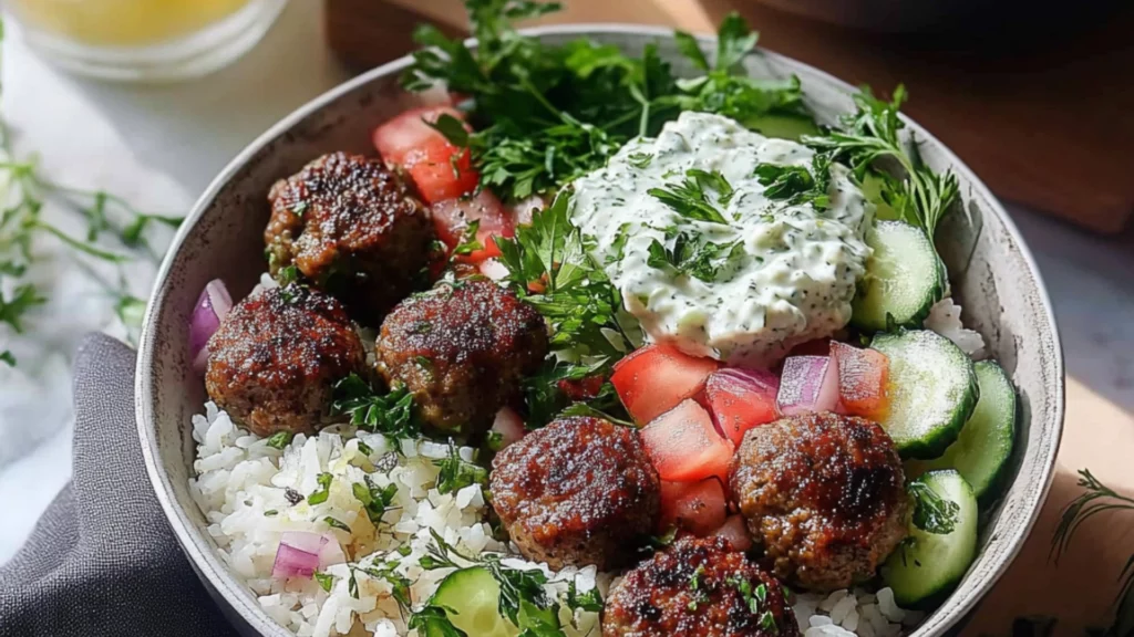a plate with meatballs, rice and cucumber salad on it next to a fork