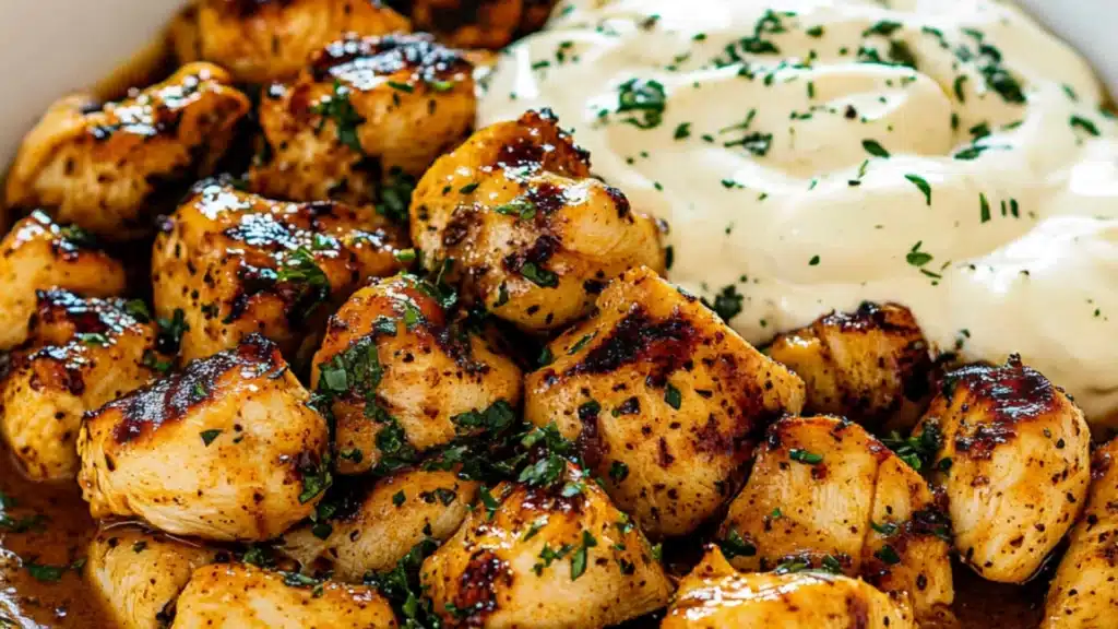 chicken bites with garlic sauce being drizzled over them on top of a plate
