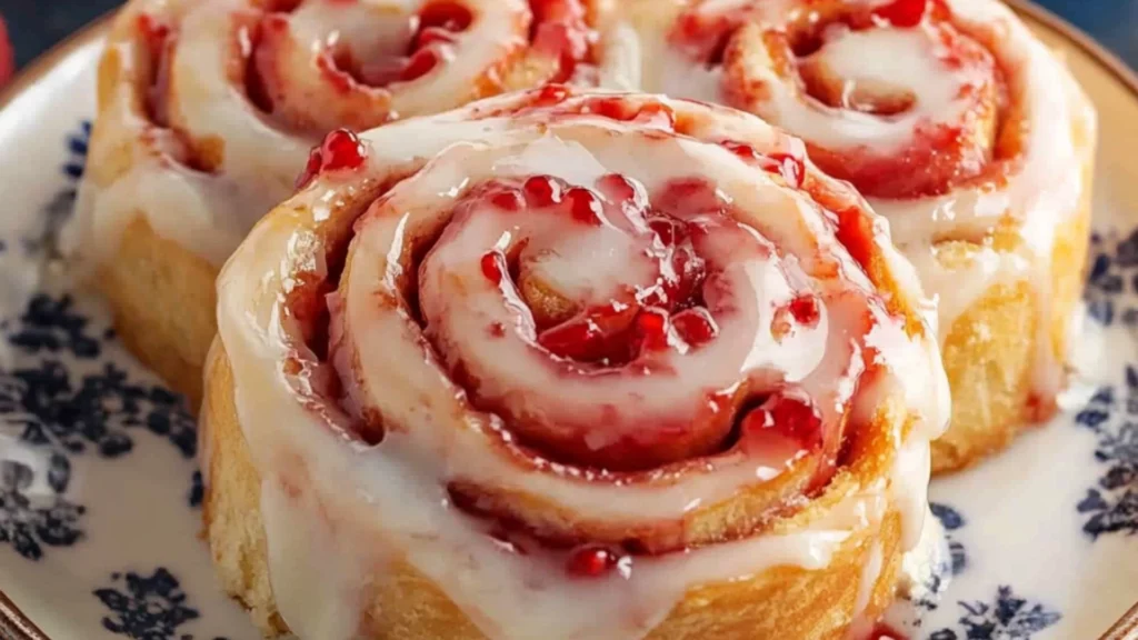 easy strawberry cheesecake sweet rolls with icing and strawberries