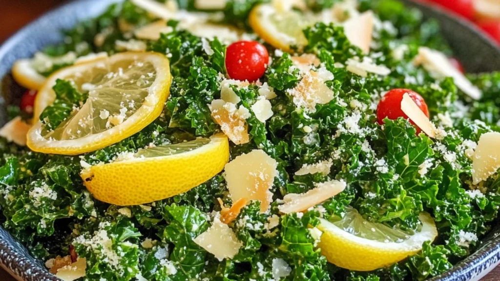 lemon parm kale salad on a white plate with spoons next to it