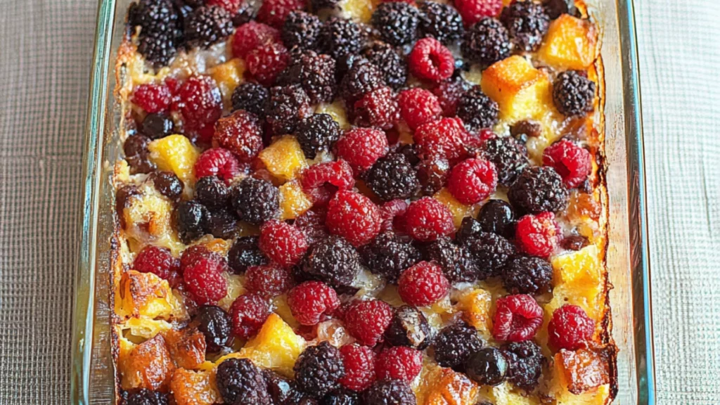 a casserole dish with berries in it and the words healthy overnight breakfast casserole just 5 ingredients