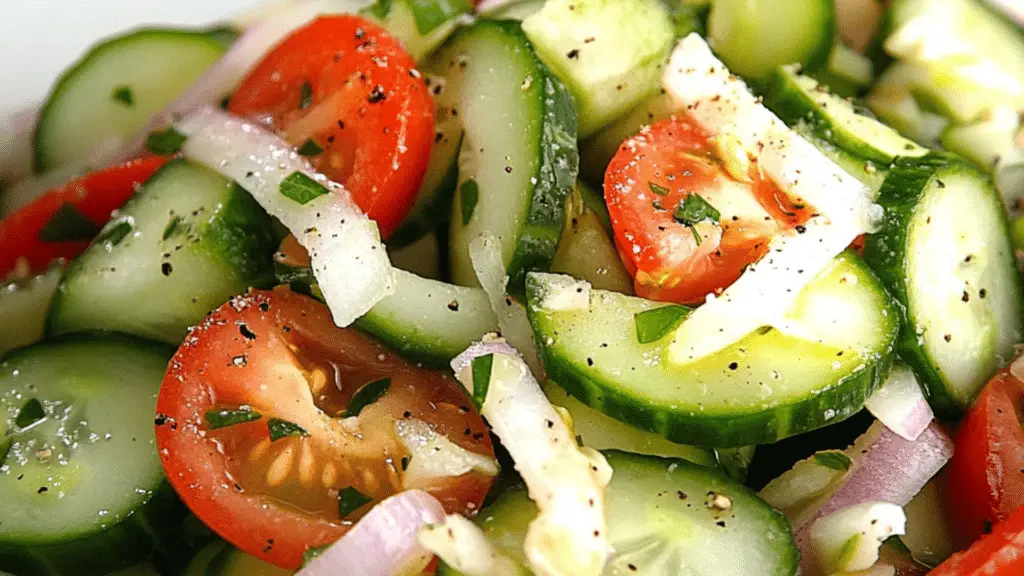 a white plate topped with cucumber salad and text that reads mom's classic tomato and cucumber salad