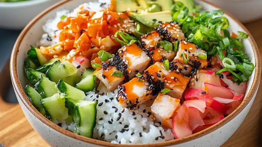 two bowls filled with different types of food and the words california roll sushi bowls