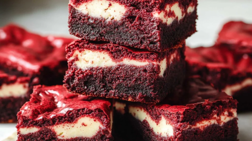 red velvet brownies are stacked on top of each other with the words, red velvet brownies
