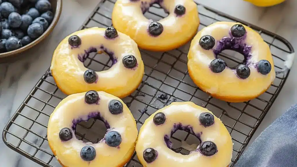 lemon blueberry baked donuts on a cooling rack and being drizzled with icing