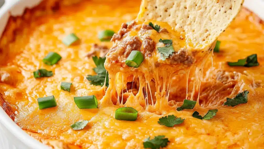 a hand holding a tortilla chip over a bowl of chili and cheese dip