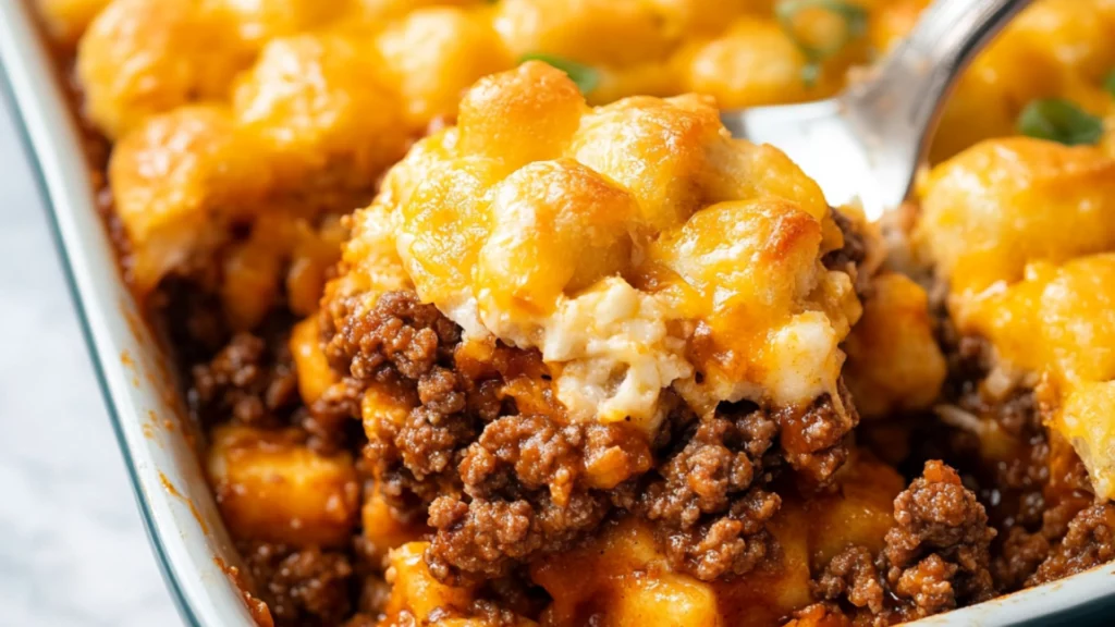 tasty sloppy joe casserole recipe is shown in two different pans, one with
