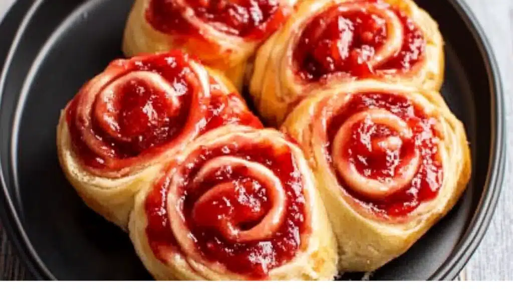 strawberry cheesecake filling, sweet dough, cream cheese frosting, decadent dessert, simple recipe, homemade sweet rolls