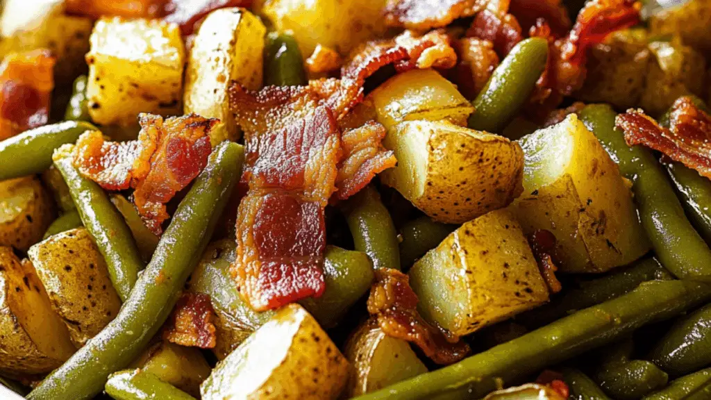 green beans and potatoes with bacon in a bowl on the side is text overlay that reads country ranch green beans and potatoes with bacon