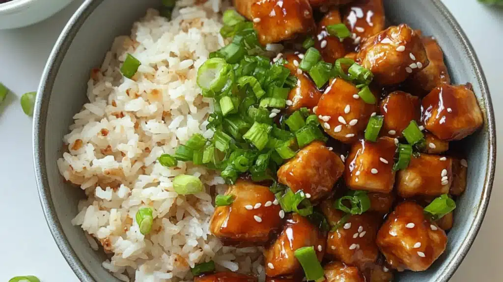 two bowls filled with rice, chicken and broccoli on top of each other