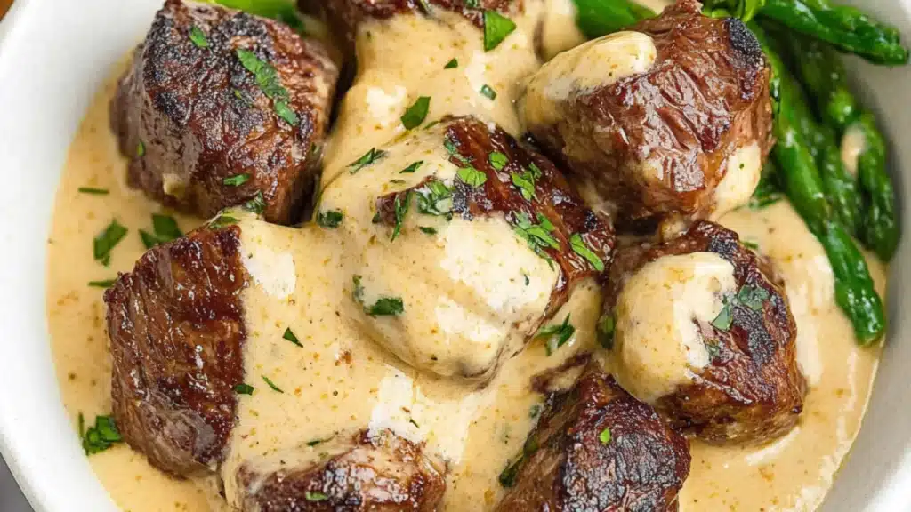 a white plate topped with meat covered in gravy and garnished with parsley