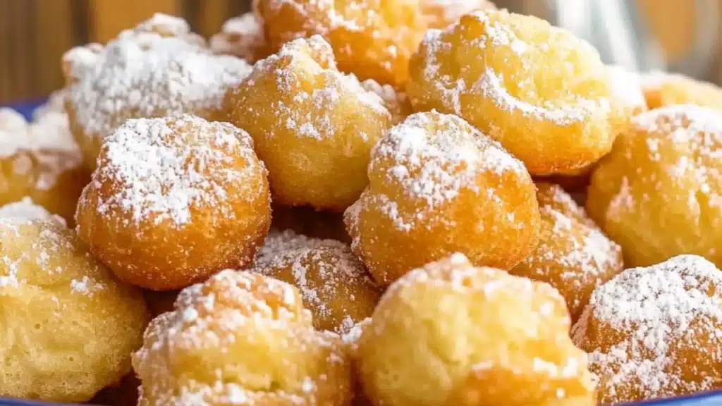 the funnel cake bites are covered in powdered sugar and sprinkled with icing
