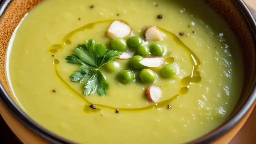 broccoli and pea soup in a pan with the words how to make cream of pea soup