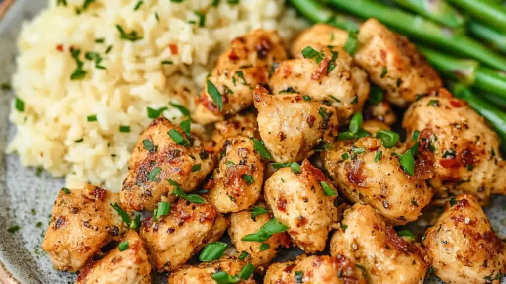 chicken and asparagus in a skillet with lemon wedges