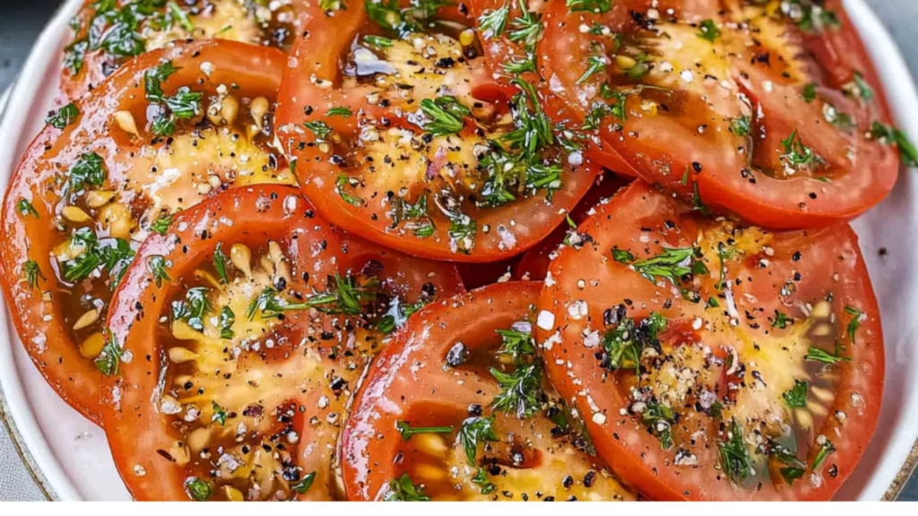 a white plate topped with sliced tomatoes and herbs