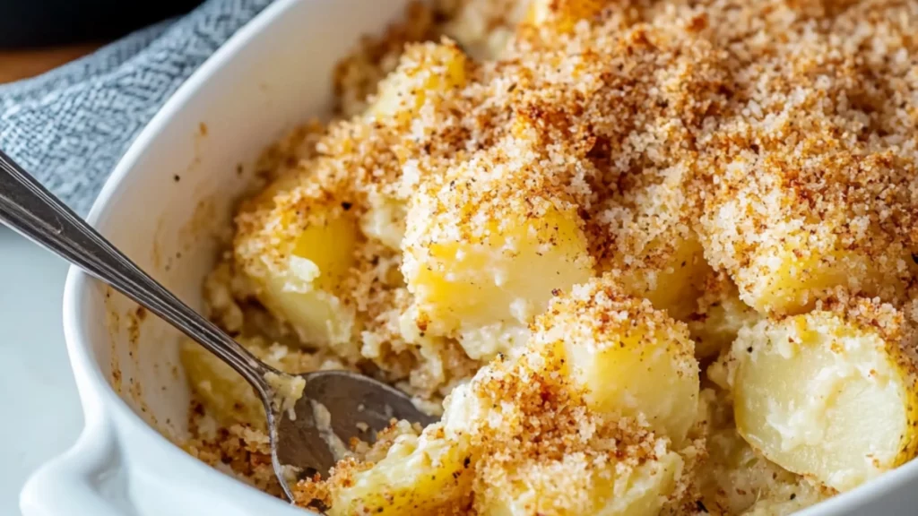 a pan filled with potatoes covered in cheese
