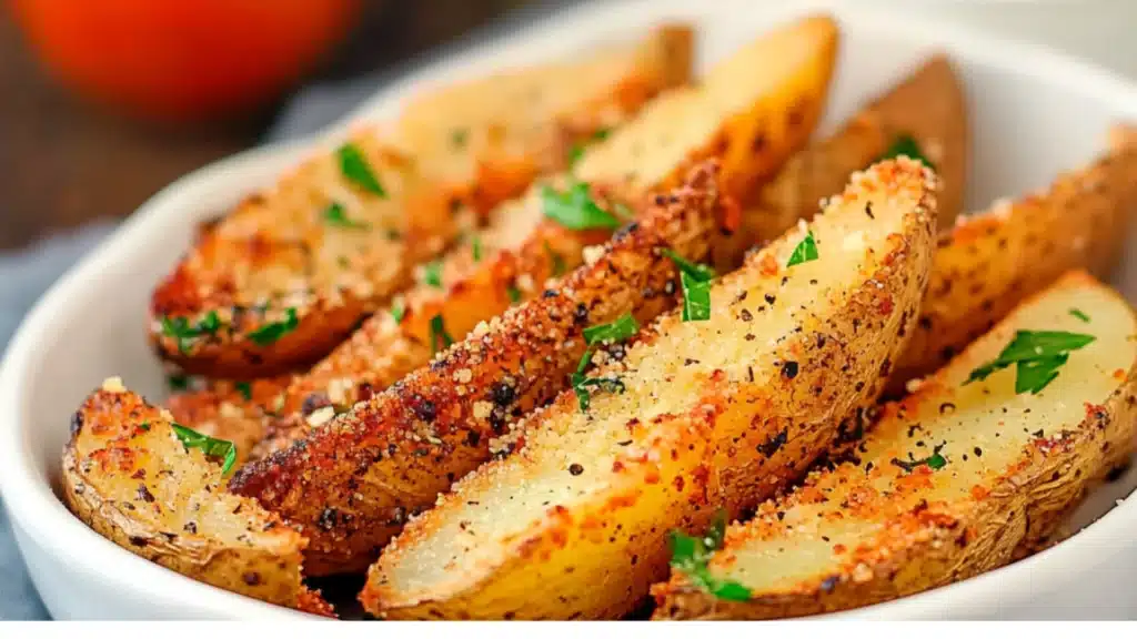 baked garlic parmesan potato wedges on a white plate