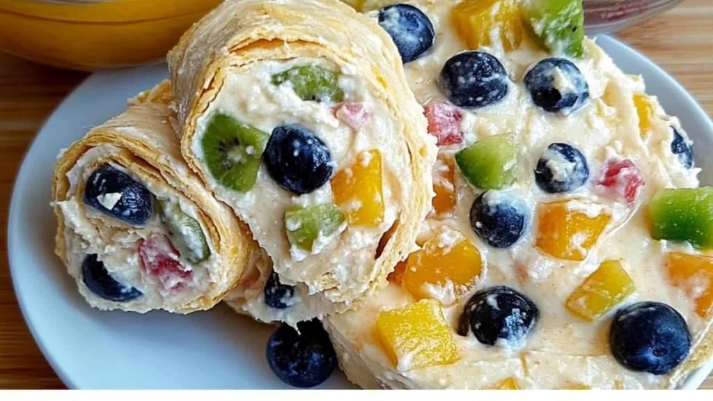 an assortment of fruit salad rolls on a plate with the words summer fruit salad roll ups