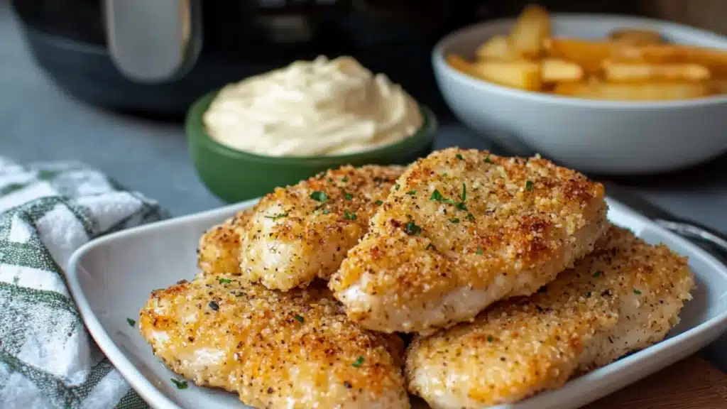 air fryer parmesan crusted chicken on a plate with sauce and herbs