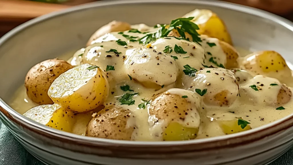 garlic sauce baby potatoes in a white bowl