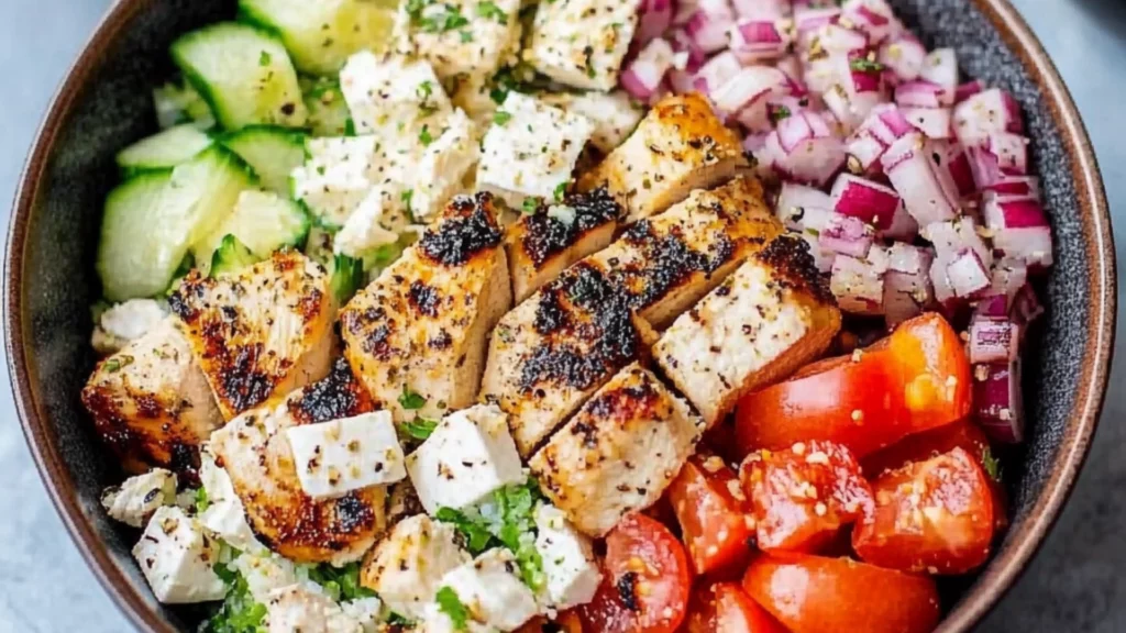 chicken and greek salad in a bowl with the words gluten - free healthy easy yummy greek chicken bowl