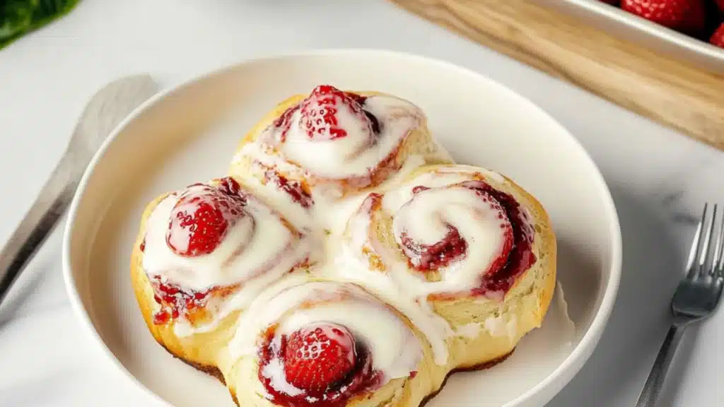 strawberry cheesecake cinnamon rolls with icing and strawberries