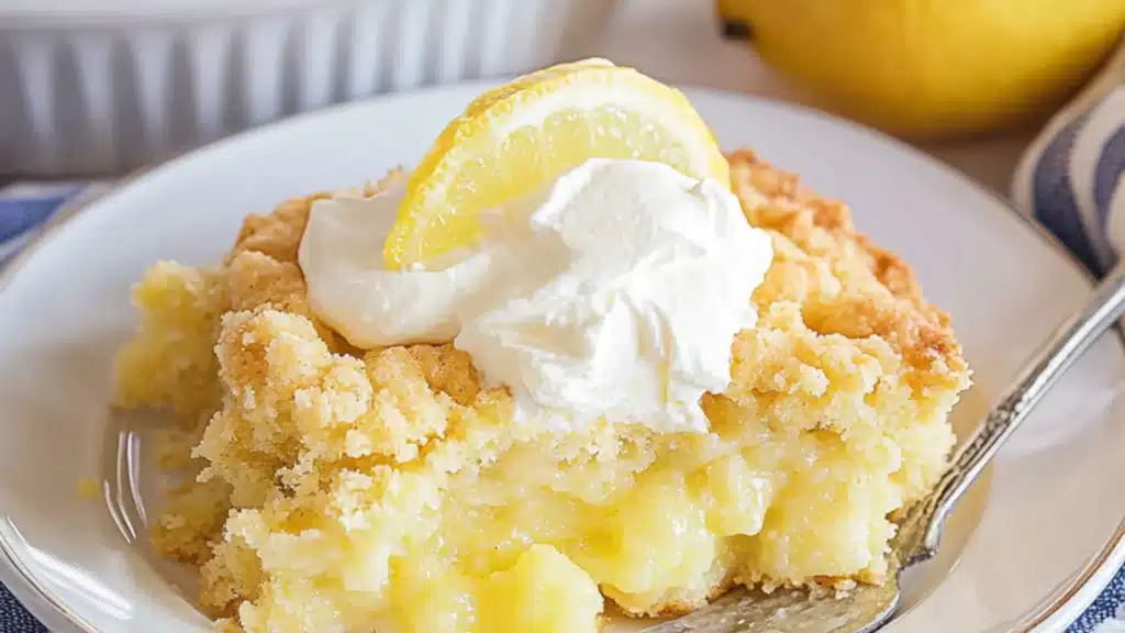 lemon cream cheese dump cake on a plate