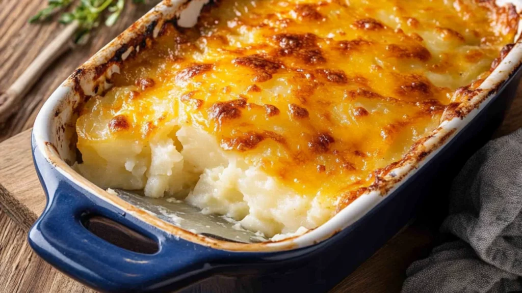 a white casserole dish with cheese and potatoes in it, next to a wooden spoon