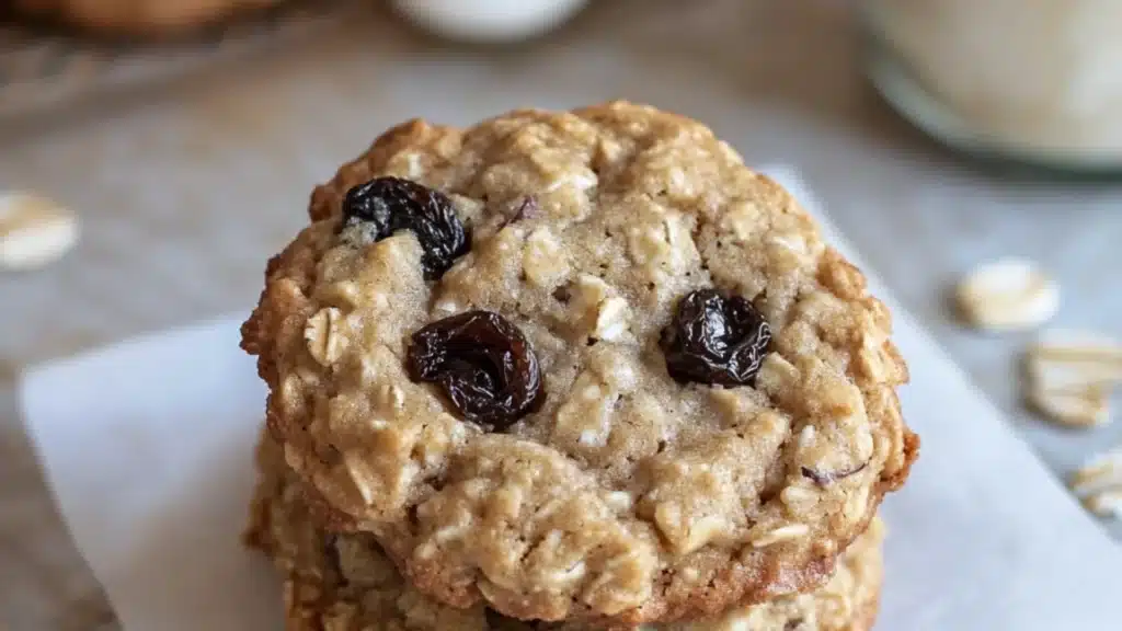soft and chewy oatmeal raisin cookies stacked on top of each other