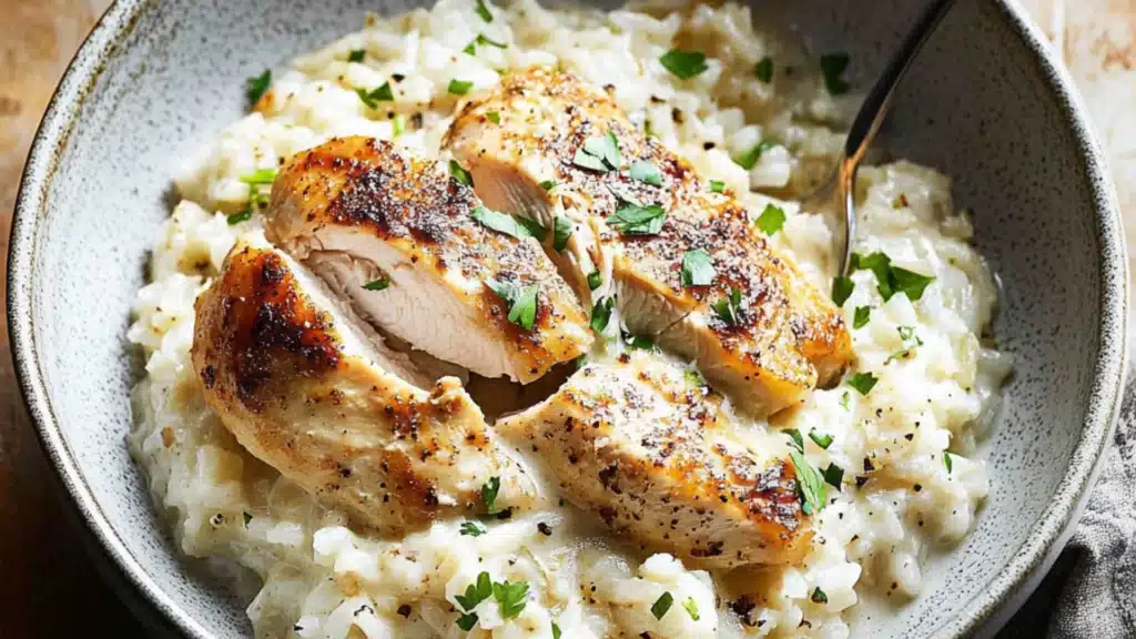 two plates filled with chicken and rice covered in creamy sauce