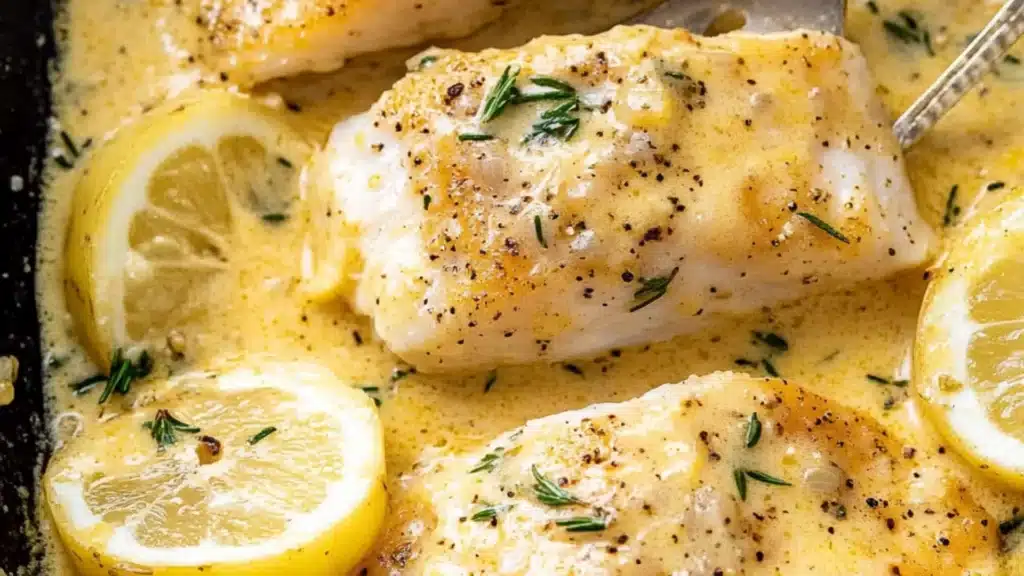 two pictures of chicken and potatoes in creamy cream sauce