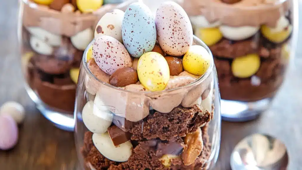 three desserts in small glass dishes on a table