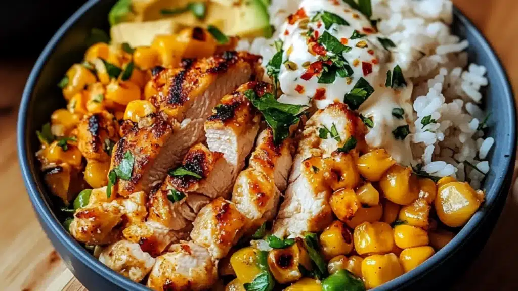 two pictures of chicken and corn with ranch dressing on top, and the words street corn chicken rice bowl