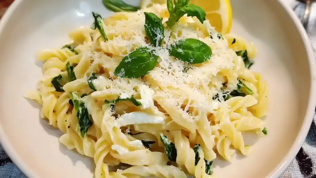 lemon ricotta pasta with basil and parmesan cheese